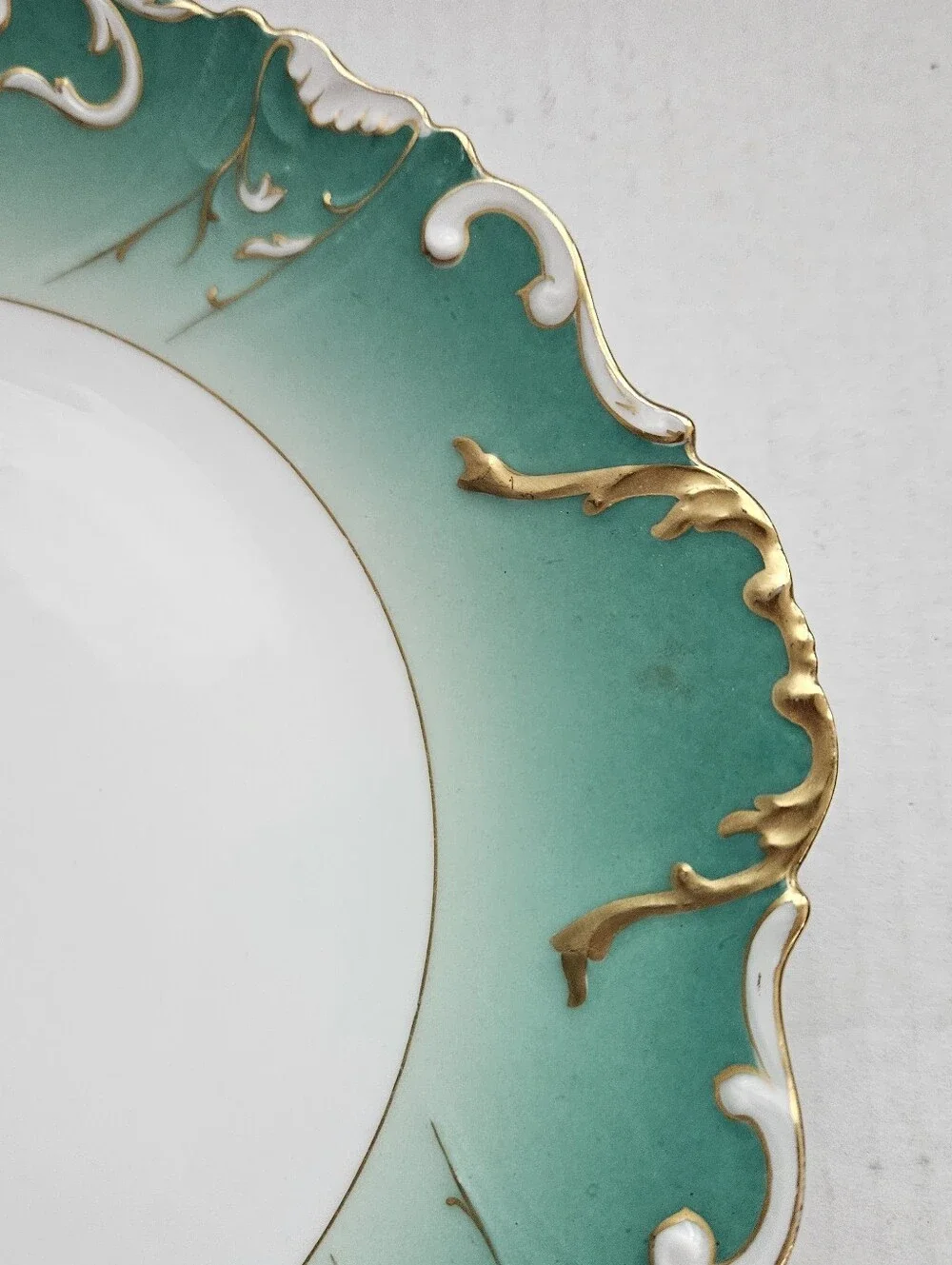 Antique Limoges Decorative Plate Turquoise Green Border And Ornate  Gold Trim